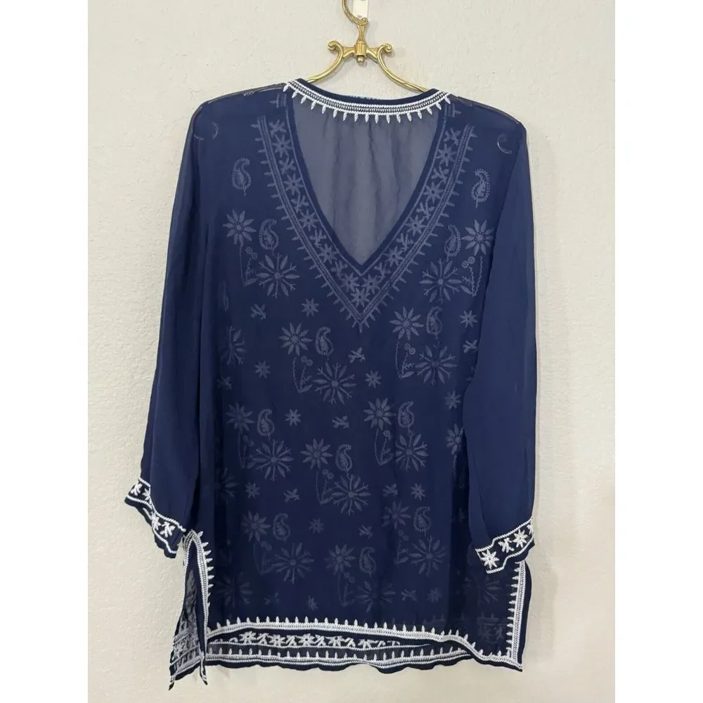 Antonio Melani Navy and White Embroidered Sheer Tunic Top‎ Swim Coverup Resort M